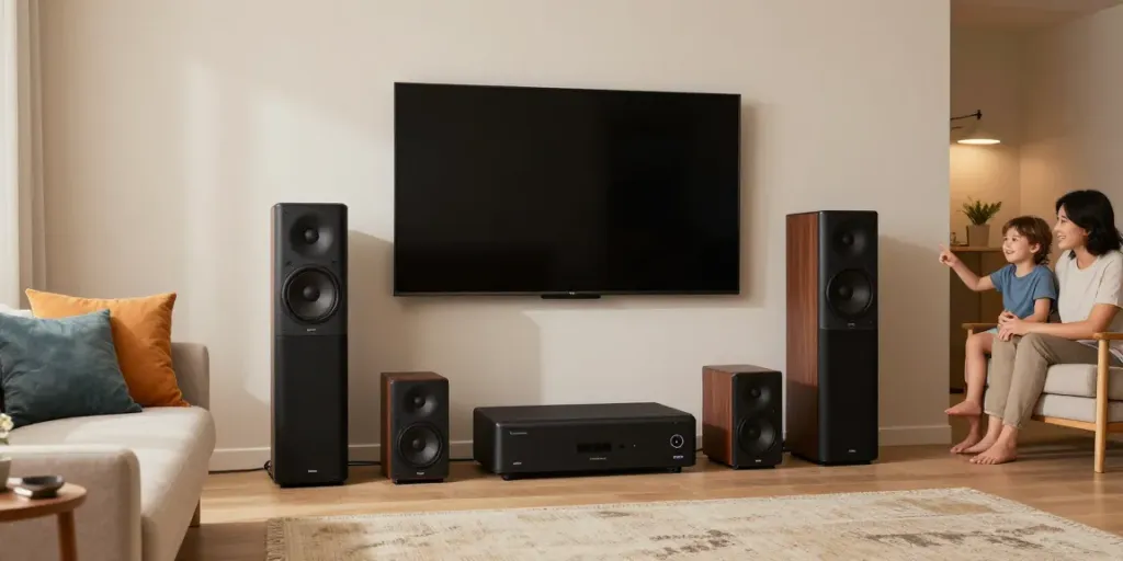 Vision Speaker Price showcased in a modern living room with family enjoying music, featuring various Vision sound systems.
