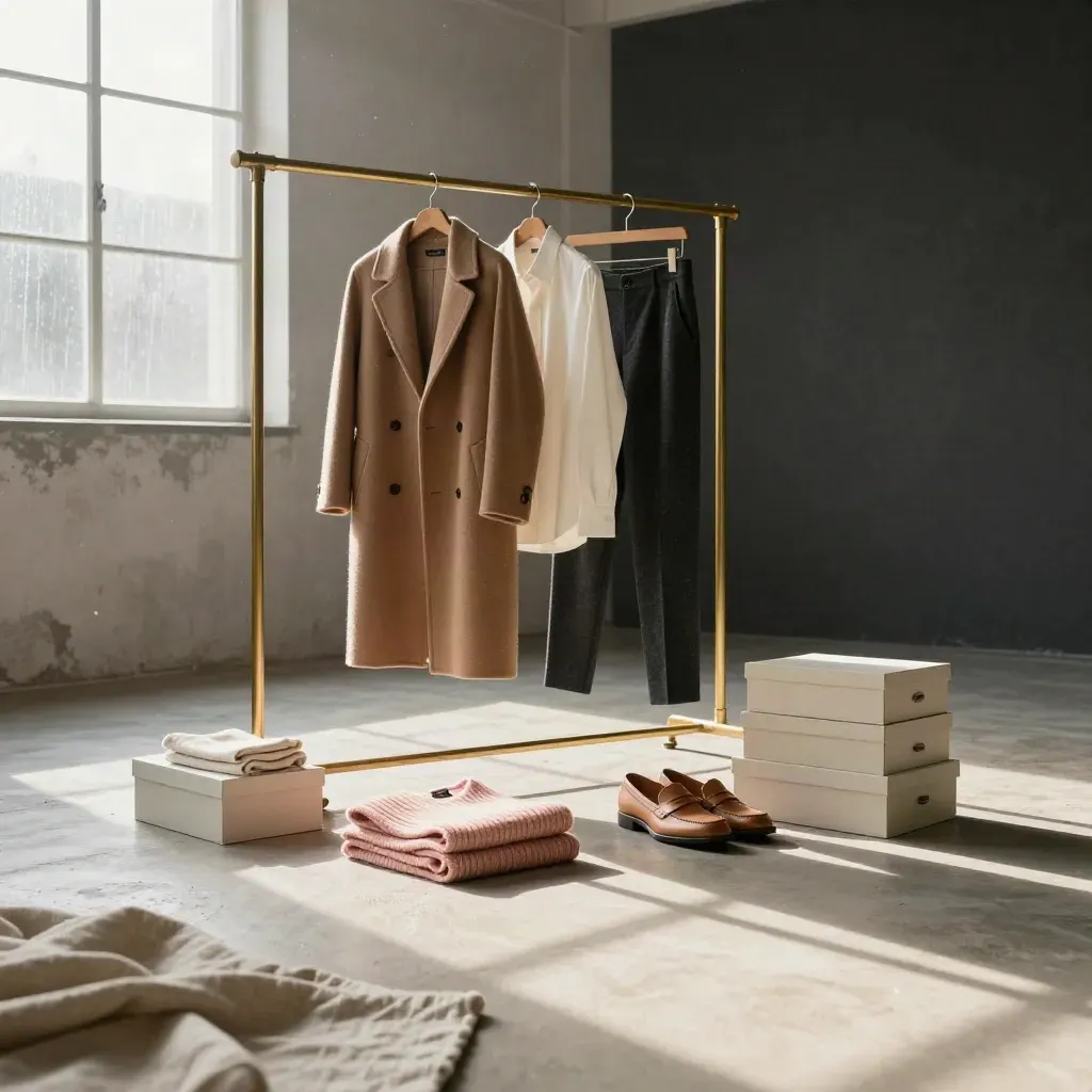 Capsule wardrobe on pale plaster floor with camel coat, ivory shirt, charcoal trousers, and soft morning light.