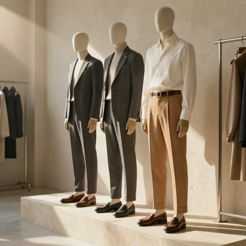 Three curated outfit silhouettes on a stone ledge in warm window light.