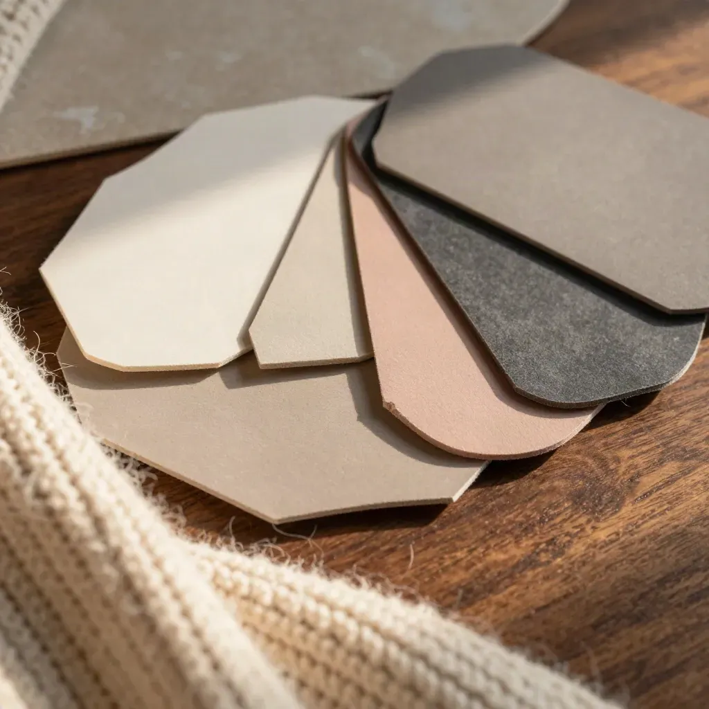 Macro flat lay of knit and color swatches fanned out on a warm surface.