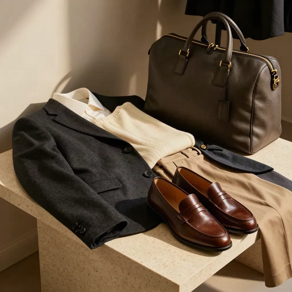 Travel capsule clothes and weekender bag arranged on a travertine bench.