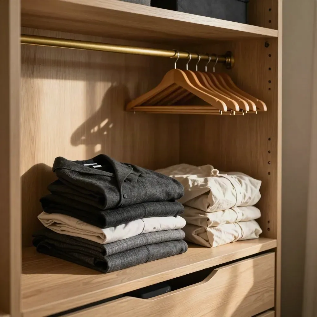 Sorted wardrobe with folded stacks, empty hangers, and a cleared shelf in warm light.