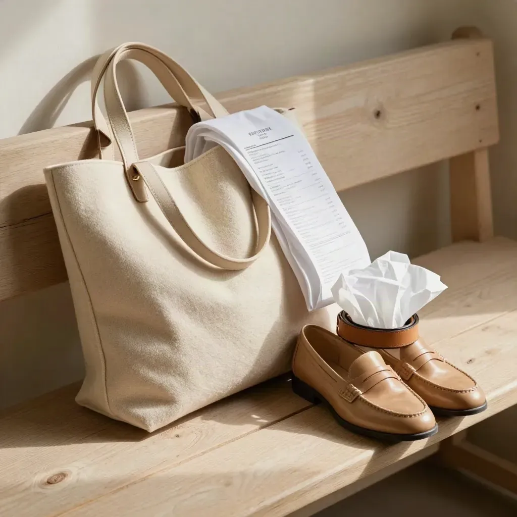Shopping haul of knitwear, shirt, loafers, belt and tote on a sunlit pale wood bench.