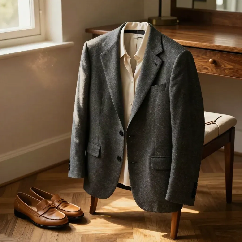 A blazer, blouse, loafers, and slim bag arranged in a warm dressing corner by a window.