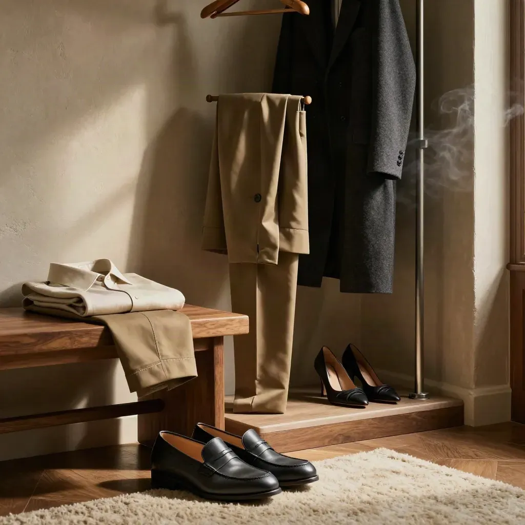 Three outfits staged on a bench and rail, with shoes in the foreground in a moody dressing room.