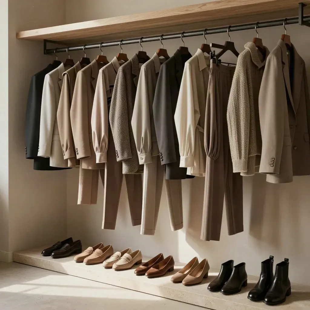 Charcoal wardrobe rail with capsule outfits and matching shoes in a quiet alcove