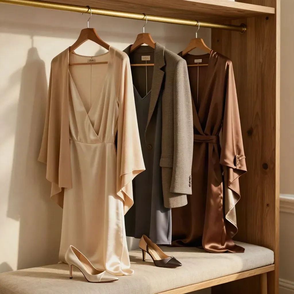 Three evening outfits on hangers with heels, clutch, and wrap on a sunlit bench.