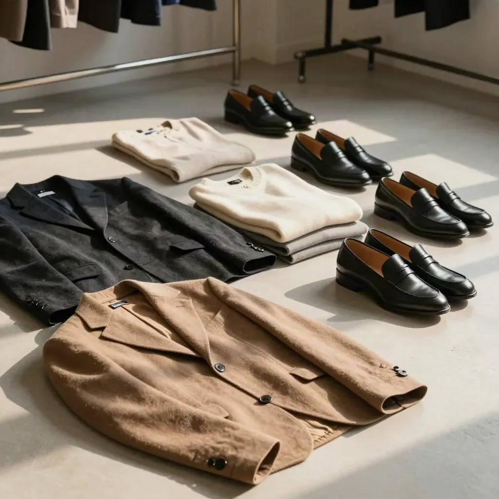 Jackets, knit tops, and shoes lined up on a pale plaster floor with one collar lifted