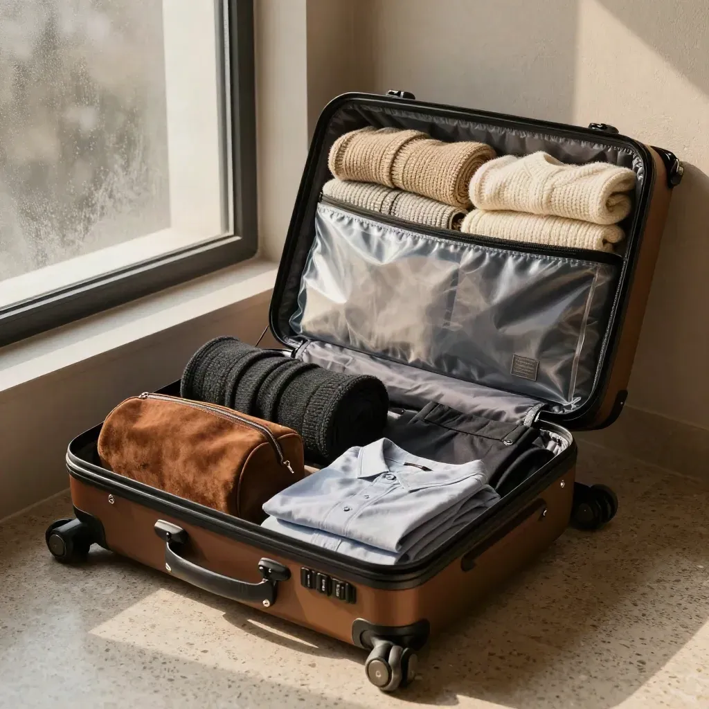 Open carry-on packed with capsule clothing, shoe pouch and toiletry case in a moody hotel room.