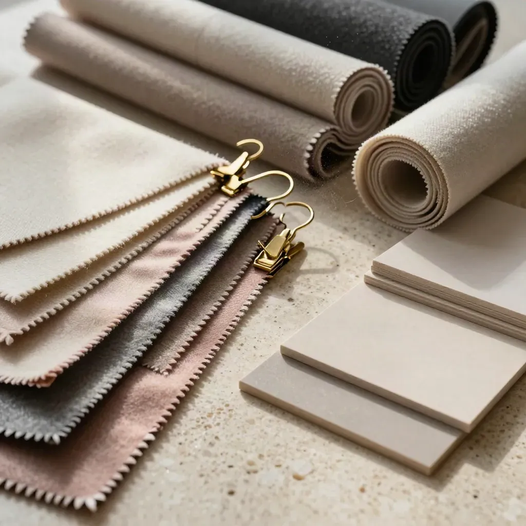 Extreme macro of styling tools on travertine: swatches, clips, textile rolls, and mood-board tiles.
