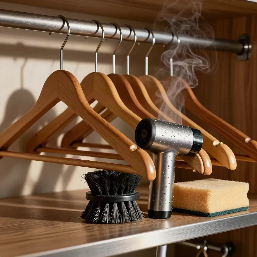 Wardrobe editing tools on brushed metal with steam and towering wooden hangers.