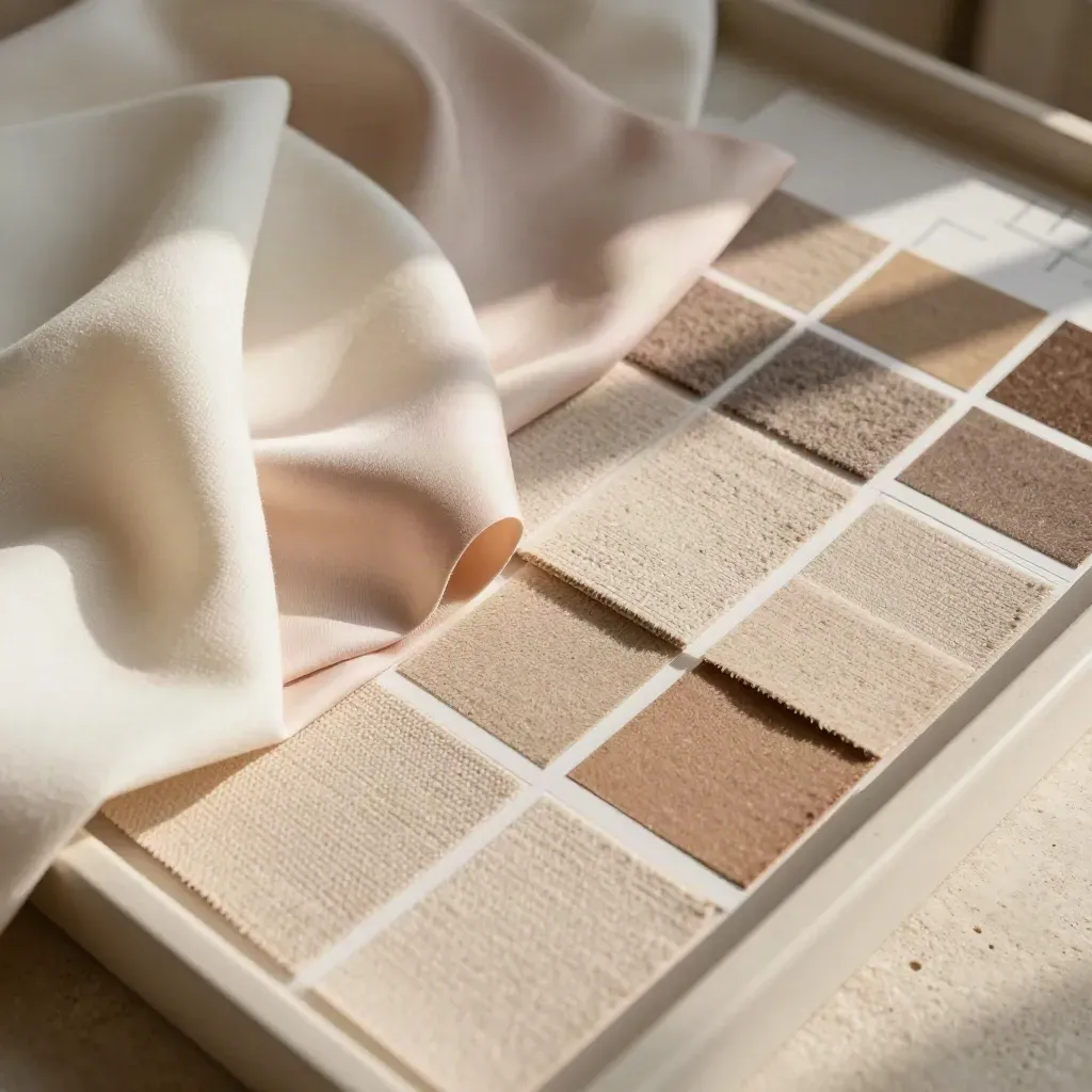 Overlapping neutral fabric swatches and color chips in a stylist’s palette study.
