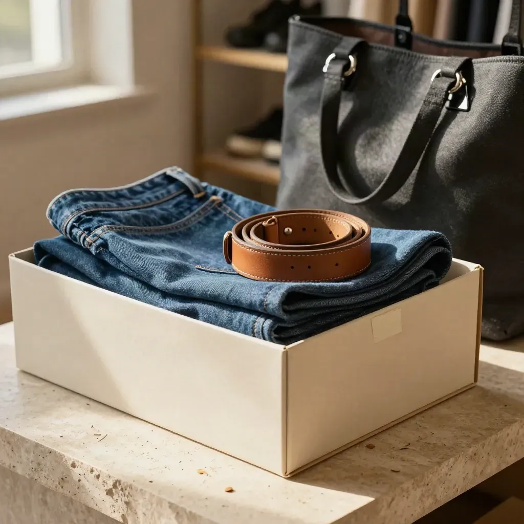 Shopping stylist still life with denim, shoe box corner, belt coil and tote hardware on pale stone.