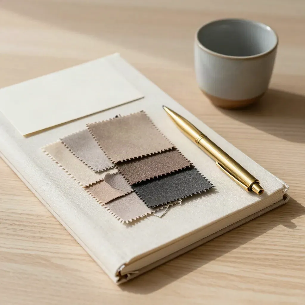 Linen notebook, fabric swatches, brass pen and ceramic cup on pale oak in soft side light