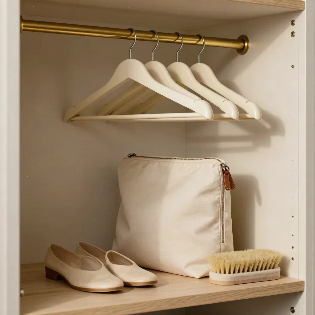 Wardrobe rail with empty hangers, garment bag, suede brush and shoe trees on a pale plaster shelf.