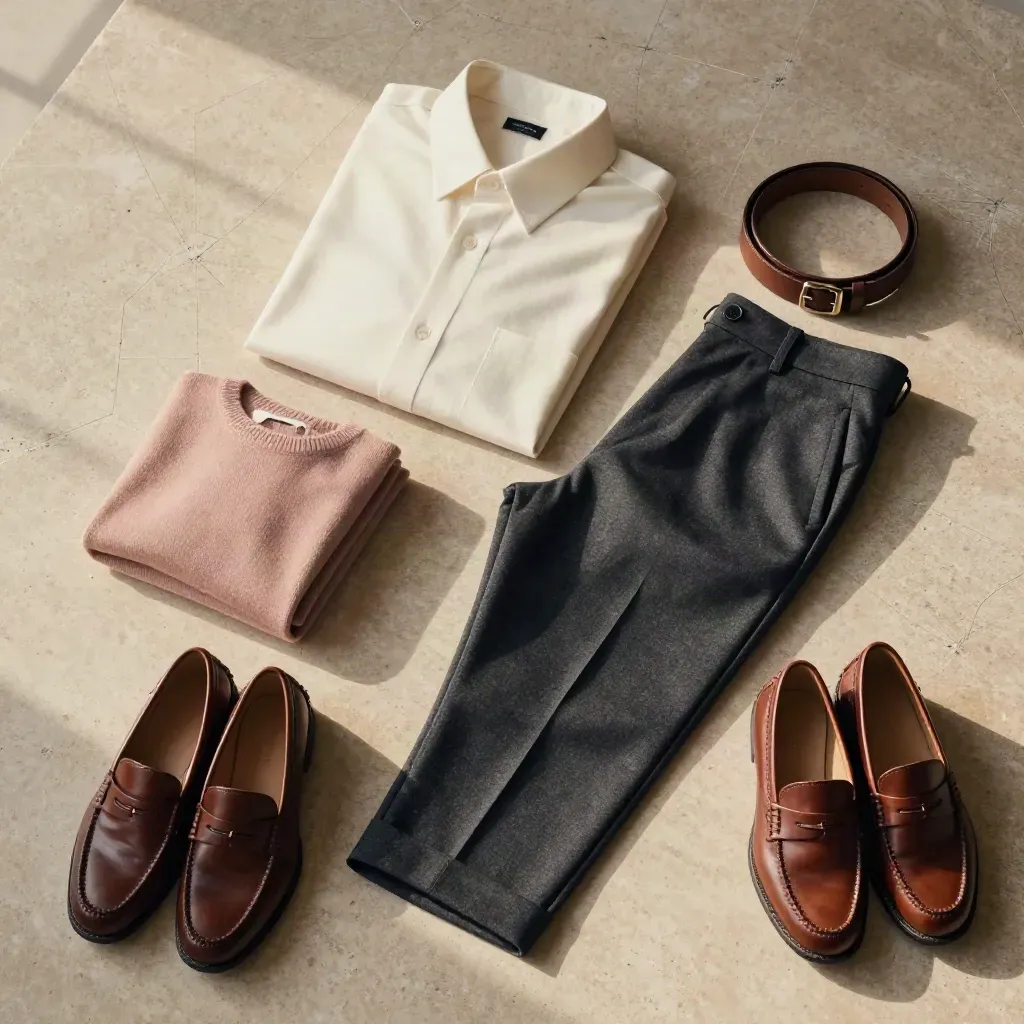 Overhead flatlay of folded shirt, knit, trousers, belt, and loafers on pale stone.