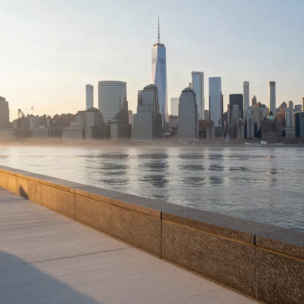 Golden-hour Hudson waterfront with Jersey City towers in mist and open river space