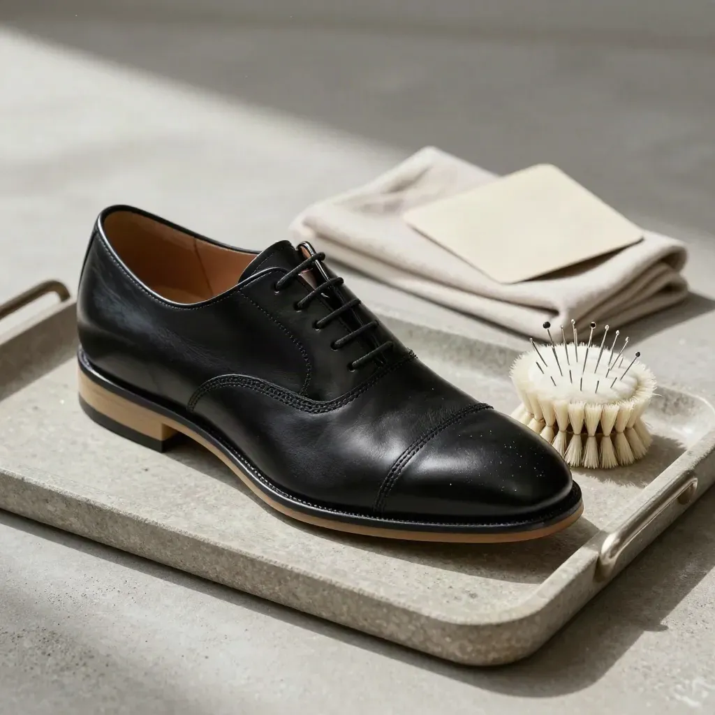 Stone tray still life with shoe, heel inserts, collar stays, lint brush and pin cushion in soft side light.