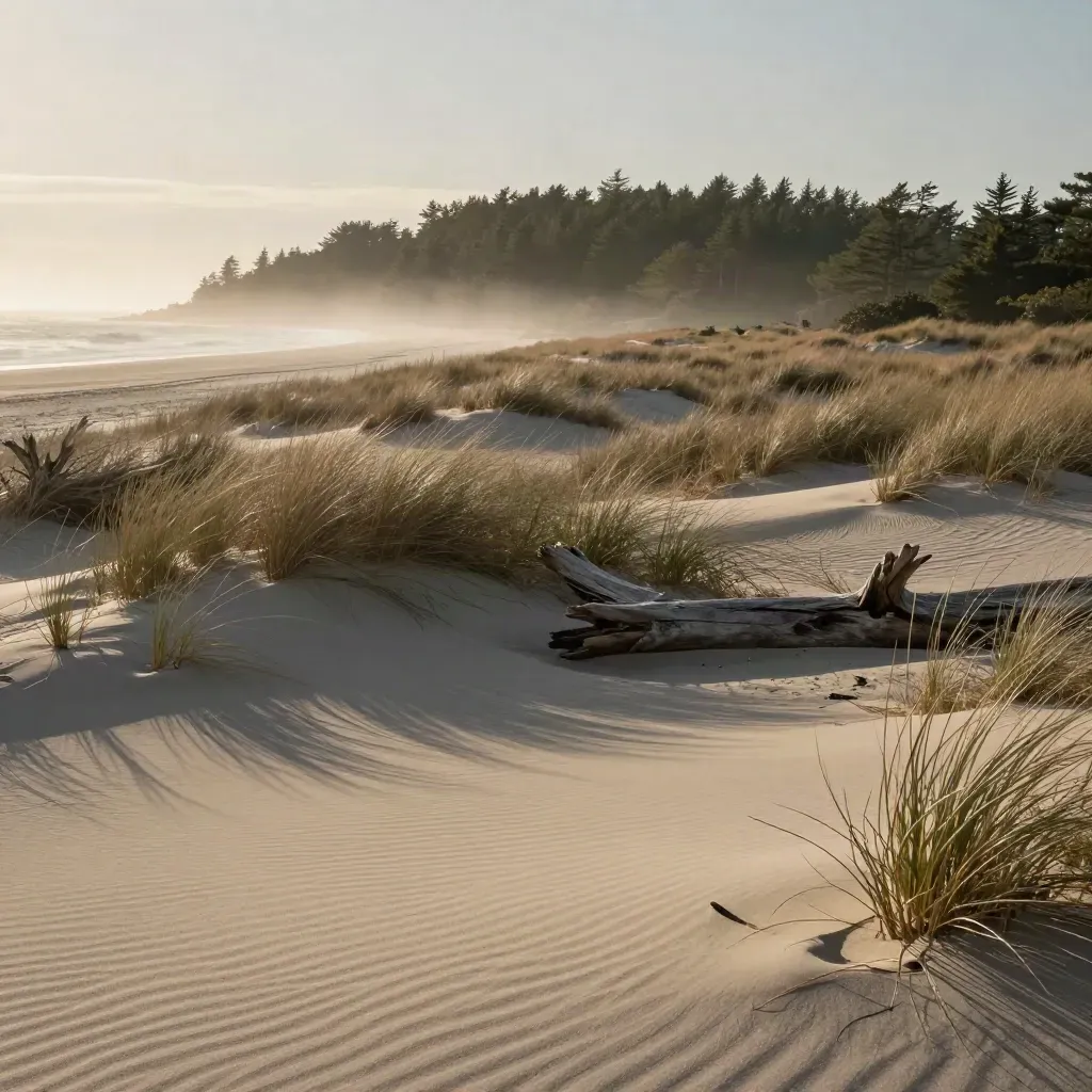 Hazy Long Island dunes with a distant tree line and open sand for copy space.