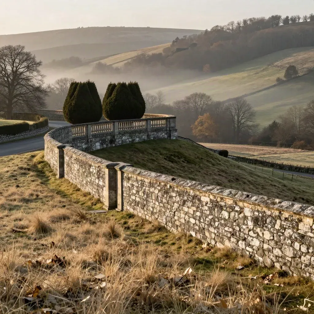 Stone estate edge above a misty valley road at golden hour